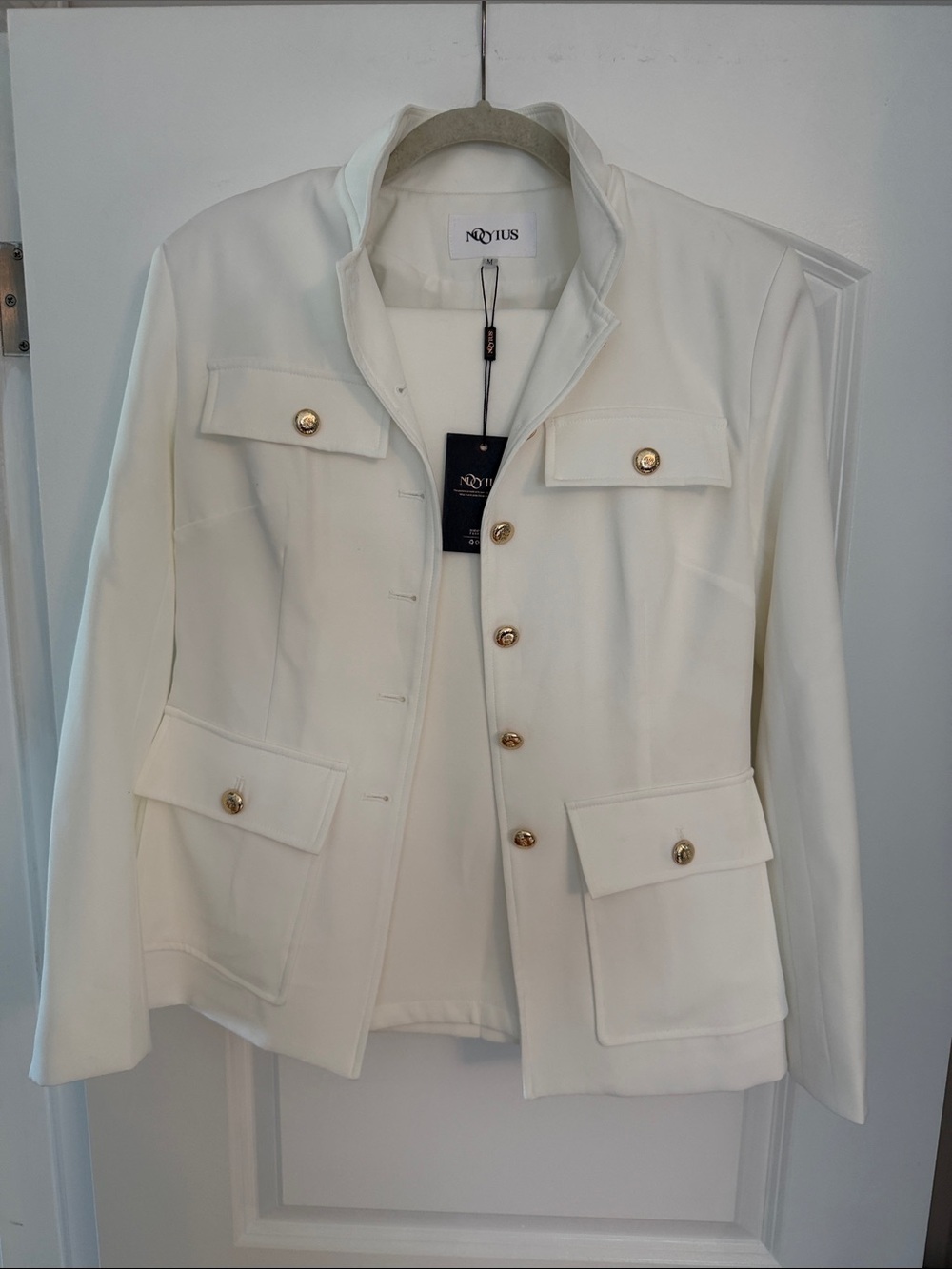 Women's Cream Military-Style Button Jacket & wide pants.